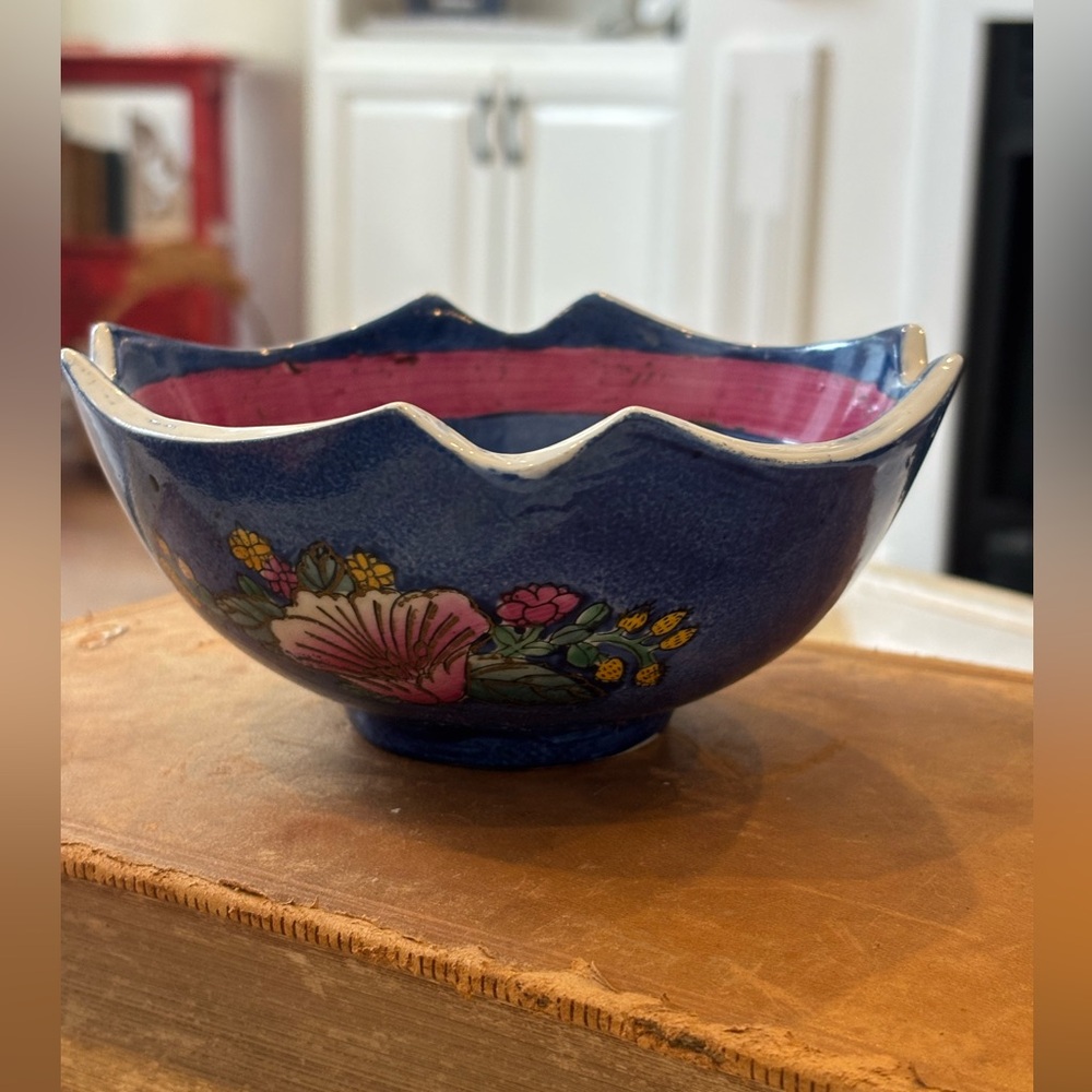 Vintage Chinoiserie Trinket Bowl Dish. 6”x2.5” Asian |  Scalloped Edge Porcelain